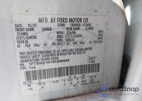 2008 Ford F-250 Lariat z USA, uszkodzony, nr VIN 1FTSW21R18EB46955